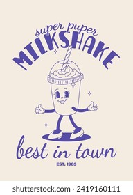 Fast food poster blue on beige. Retro groovy illustration with street food characters. Brochure with funky groovy burger, french fries, soda, ice cream, donut, pie, coffee to go. Fast food delivery