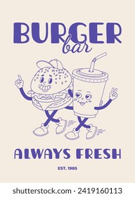 Fast food poster blue on beige. Retro groovy illustration with street food characters. Brochure with funky groovy burger, french fries, soda, ice cream, donut, pie, coffee to go. Fast food delivery