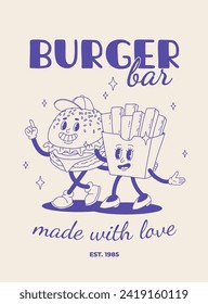 Fast food poster blue on beige. Retro groovy illustration with street food characters. Brochure with funky groovy burger, french fries, soda, ice cream, donut, pie, coffee to go. Fast food delivery