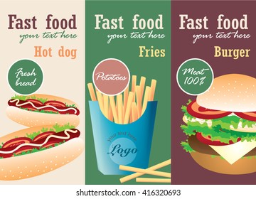 Fast Food Poster with Burger, Hot Dog, French Fries. Vector Illustration.