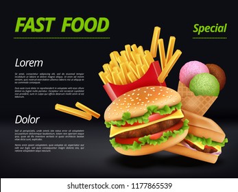 Fast food poster. Burger ingredients beef tomato cheese sandwich meal retro advertizing placard vector template. Illustration of burger and ice cream, cheeseburger delicious