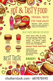 Fast food poster of cheeseburger, hot dog sandwich or donut and pizza for fastfood restaurant. Vector template of hamburger, chicken nugget or french fries and ice cream dessert, coffee and soda drink