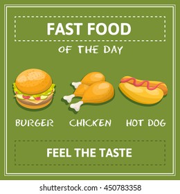 Fast food poster with chicken, hot dog, burger and white chalk inscriptions on green background vector illustration