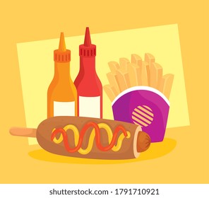 fast food poster, corn dog with potatoes french fries and bottled sauces vector illustration design