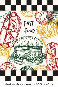 Fast food poster design with outline vector sketch illustrations and typography text. Hot dog, burger, french fries in engraving style, hand drawn clipart