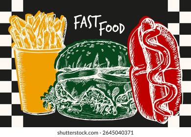 Fast food poster design with sketch illustrations and typography text. Hot dog, burger, french fries in engraving style, outline vector hand drawn clipart