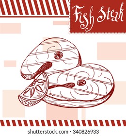 Fast food poster with fish steak. Hand draw retro illustration. Vintage burger design. Template