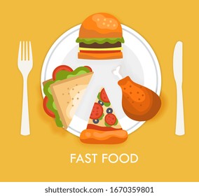 Afiche de comida rápida concepto de imagen de diseño plano con una vista superior de sándwich, pizza, pierna de pollo y hamburguesa servida en plato blanco con forro y cuchillo sobre fondo amarillo.