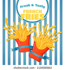 Fast food poster. Flying french fries with two red boxes and blue ribbon on a striped background. 