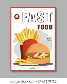 Fast food poster. Hamburger and french fries. Tasty meal and dinner. Street food cafe menu. Takeaway eating. Advertising and marketing. Flat vector illustration isolated on grey background