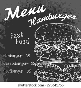 Fast food poster with hamburger. Hand draw retro illustration. Vintage burger design. Menu template