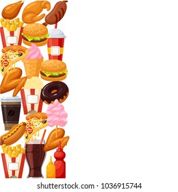 Fast food poster. Hamburgers, drinks, easily prepared food served in snack bars and restaurants, quick meal to be taken away. Vector flat style cartoon illustration isolated on white background