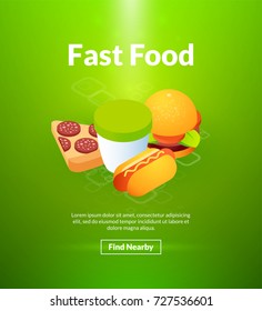 Fast food poster of isometric color design, cafe menu concept vector illustration for web banners and printed materials, vertical portrait orientation