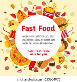 Fast food poster or menu cover template for fastfood restaurant or cafe. Vector burgers, sandwiches of cheeseburger and hot dog, ice cream and donut cookie desserts, coffee or soda drinks and pizza