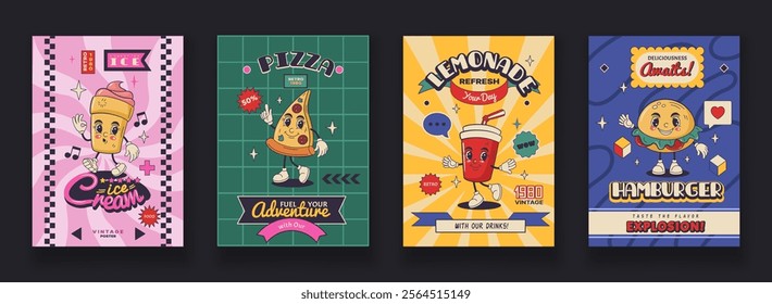 Fast food poster retro design. Happy hamburger, soda drink, delicious burger and pizza. Vintage fun design cartoon style. Restaurant menu card, face smile character. Vector cute menu tidy delivery