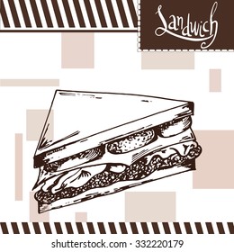 Fast food poster with Sandwich. Hand draw retro illustration. Vintage burger design. Template