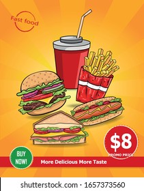 Fast food poster set design with burgers, fries, hot dog, sandwiches,drink