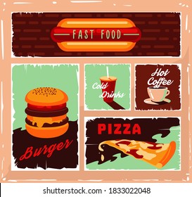 Fast food poster set. Restaurant advertising poster collection with hot dog, tasty burger, cold drink, coffee, pizza lunch. Fast food sign design vector illustration