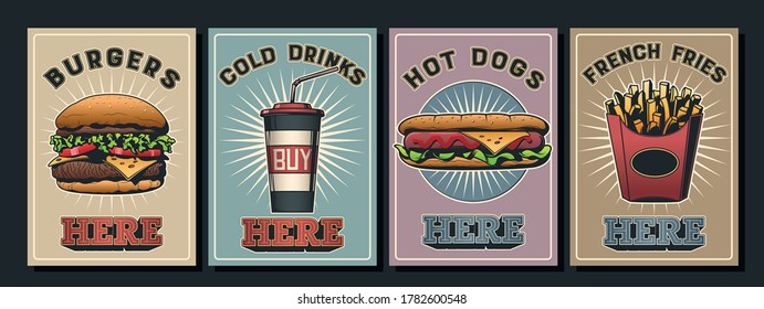 Fast Food Poster Set, Retro Restaurant Advertising Prints Style, Burger, Cold Drink Cup, Hot Dog, French Fries