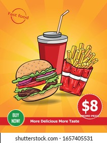 Fast food poster set vector design with burgers, fries,drink