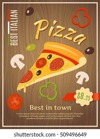 Fast food poster with small vegetable and decorative pizza slices on wooden background with editable text vector illustration