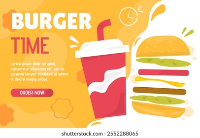 Afiche de comida rápida. Soda en taza de plástico cerca de la hamburguesa. Comida para llevar. Menú para cafetería o catering. Publicidad y marketing. Elemento gráfico para Sitio web. Ilustración vectorial plana de dibujos animados