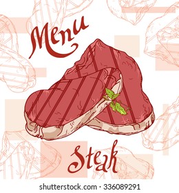 Fast food poster with steak. Hand draw retro illustration. Vintage burger design. Template