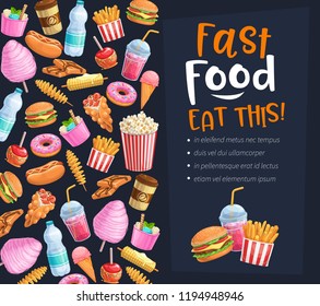 Fast Food poster. Takeaway meals or street food background with bubble Hong Kong waffles, spiral potato chips, lemonade and apples in caramel, hamburger and hot dog. Vector illustration.