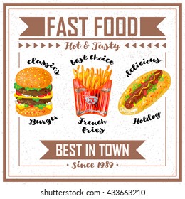 Fast food poster with title fast food hot and tasty best in town vector illustration