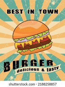 Fast Food Posters Burger, Hamburger Retro Placards. Vintage Design. Vector Illustration.