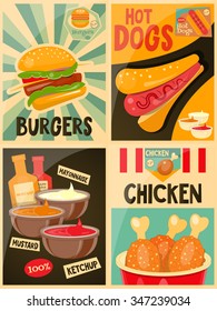 Fast Food posters collection - Burgers, Hot Dog and Chicken Advertising in Retro Style. Vector Illustration