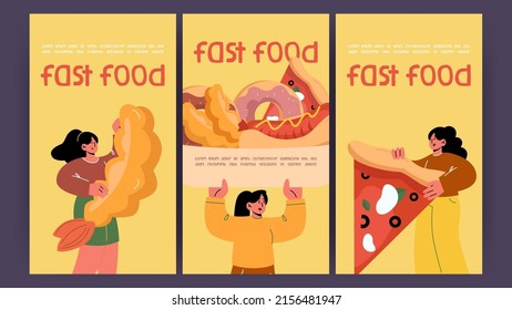 Fast food posters with girl holding big hot dog, pizza piece, donuts and tempura shrimp. Vector banners of fastfood restaurant or cafe with flat illustration of happy woman with snacks