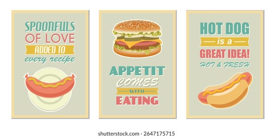 Fast food posters with hamburger, hot dog, sausage and food quotes in mid century modern style. Retro posters, stickers with hot dog, taco, burger, for menu cafe, restaurant. Funky patches.