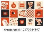 Fast food posters. Retro 70s cards, stickers with burger, hot dog, pizza. Funky branding patches. Slogan, quote, groovy food characters. Trendy vector cafe, bar templates