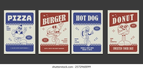 fast food posters with retro cartoon characters, vector illustration 