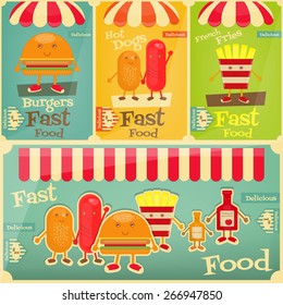 Fast Food Posters Set. Cartoon Fanny Fries, Hot Dog, Burger. Vector Illustration.