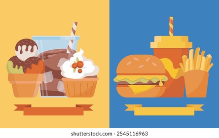 Fast food posters set. Ice cream balls in waffer cone, cup of cola and cupcake with cherry. Hamburger, french fries and mug of soda. Takeaway eating pack. Flat vector illustration