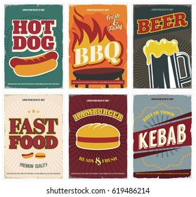 Fast food  posters set. Retro style layout templates with hot dog, hamburger, BBQ, beer, kebab for fast food restaurants, ad, banners, flyers and more. Vintage design. Isolated. Vector.