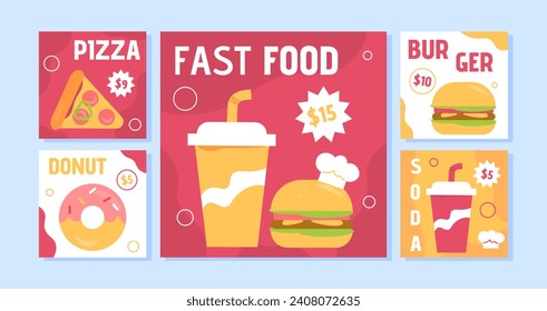 Fast food posters set. Takeaway eating, menu of cafe or catering. Hamburger with cup of soda. Slice of pizza and donut, burger. Cartoon flat vector collection isolated on blue background