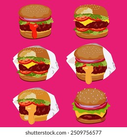 Cartazes de fast food. Comida rápida vetorial em estilo de desenho animado plano. Dia Nacional do hambúrguer. Cartaz moderno Cheeseburger. Banner do hambúrguer