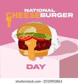 Cartazes de fast food. Comida rápida vetorial em estilo de desenho animado plano. Dia Nacional do hambúrguer. Cartaz moderno Cheeseburger. Banner e inscrição coloridos para hambúrguer