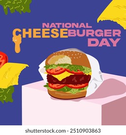 Fast food posters. Vector fast food in flat cartoon style. National burger day. Cheeseburger modern poster. Burger colorful banner and inscription