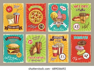 Fast food price cards for fastfood restaurant menu. Vector french fries, soda drink or pizza and ice cream or chocolate donuts dessert, cheeseburger or tacos and popcorn, hot dog with coffee