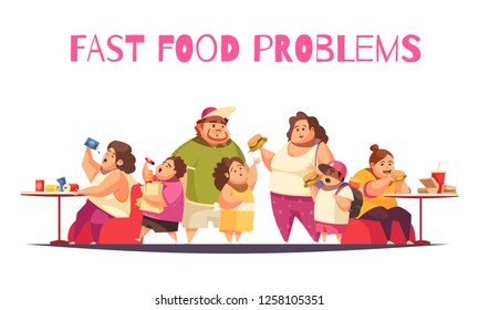 Fast food problems concept with gluttony symbols flat vector illustration