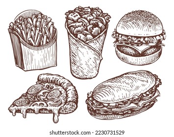 Fast food products. Fries, burrito, burger, sandwich, pizza sketches. Restaurant or diner menu set. Vector illustration