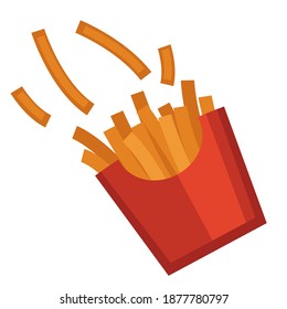 Fast food products, isolated package of french fries. Icon of fried potato sticks. Fatty nutrition and unhealthy cuisine. Takeaway meal, portion of crunchy salty snack to go. Vector in flat style