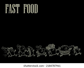 Fast food products restaurant menu background. Burger fries drink cola chicken leg hot dog coffee cup