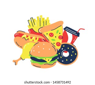 Fast food products. Vector trendy flat line illustration design.Isolated on white background.Unhealthy junk food concept