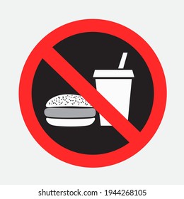 Fast food prohibited dark sign sticker on gray background. Forbidden fastfood burger and drink symbol