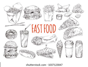 Fast food promo monochrome poster with rich hamburgers, cold ice cream, exotic Chinese food, delicious rolls and sweet drinks vector illustrations.